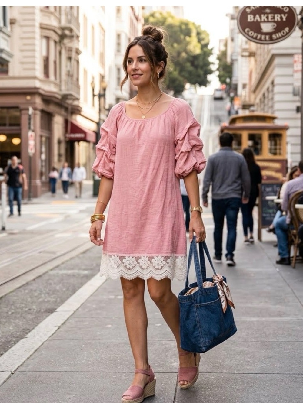 love J Pink Cotton Gauze Dress with Lace Hem